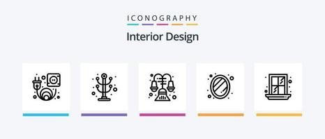 Interior Design Line 5 Icon Pack inklusive Foto. Licht. Badewanne. Tisch. Schreibtisch. kreatives Symboldesign vektor