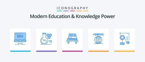 modern utbildning och kunskap kraft blå 5 ikon packa Inklusive utbildning. experiment. kraft. penna. värld. kreativ ikoner design vektor