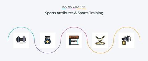 sporter attribut och sporter Träning linje fylld platt 5 ikon packa Inklusive horn. burk. emblem. attribut. pinnar vektor