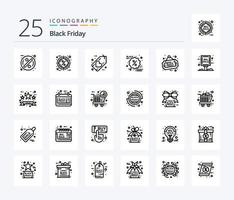 Black Friday 25 Line Icon Pack inklusive Promotion. Rabatt. Ziel. schwarzer Freitag. Herz vektor