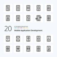 20 Symbolpaket für die Entwicklung mobiler Anwendungen wie der linke Standort der mobilen Bildschirmanwendung vektor