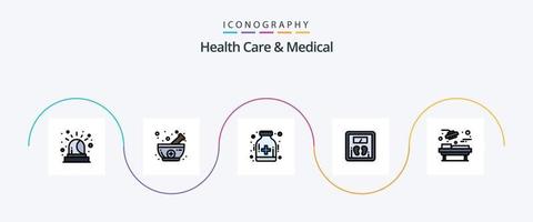 hälsa vård och medicinsk linje fylld platt 5 ikon packa Inklusive rum. sjukhus. läkemedel. maskin. skala vektor