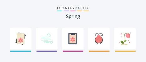 vår platt 5 ikon packa Inklusive blommig. nyckelpiga. blomma. nyckelpiga. skalbagge. kreativ ikoner design vektor