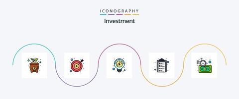 mit Investitionslinie gefülltes flaches 5-Icon-Paket einschließlich Budgetschätzung. Liste. Geld. Zwischenablage. Geld vektor