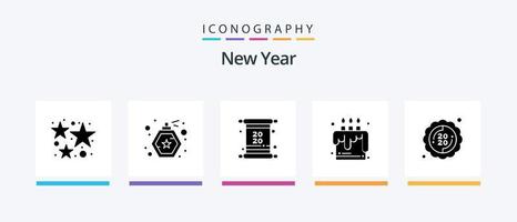 ny år glyf 5 ikon packa Inklusive ny. fest. kort. mat. kaka. kreativ ikoner design vektor