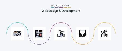 Webdesign- und Entwicklungslinie gefülltes flaches 5-Icon-Paket einschließlich Grafik. Design. Maus. Netz. Optimierung vektor
