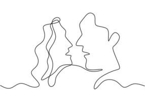 kontinuierliche eine einzelne Strichzeichnung des romantischen Kusses von zwei Liebenden. Hand gezeichnete Skizzenvektorillustration des Minimalismus, gut für Valentinstagfahne, -plakat und -hintergrund. Beziehungskonzept.