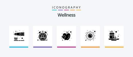 Wellness Glyph 5 Icon Pack inklusive Tasse. Sonne. Apfel. Meditation. Fitness. kreatives Symboldesign vektor