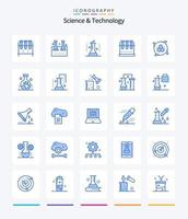 kreative Wissenschaft und Technologie 25 blaues Symbolpaket wie wissenschaftliche Forschung. Wissenschaftslabor. Modellierungswerkzeug. Chemie. Untersuchung der Erdoberfläche vektor