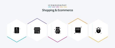 Shopping und E-Commerce 25-Glyphen-Icon-Pack inklusive Shopping. sperren. Geschäft. Einkaufen. E-Commerce vektor