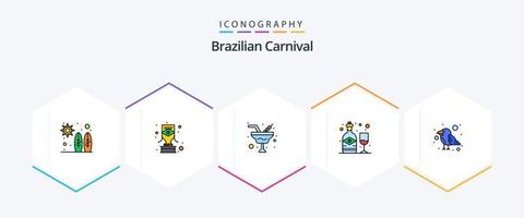 brasiliansk karneval 25 fylld linje ikon packa Inklusive papegoja. glas. champagne. vin. alkohol vektor