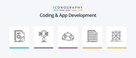 kodning och app utveckling linje 5 ikon packa Inklusive information. analys. utveckling. nätverk. förbindelse. kreativ ikoner design vektor