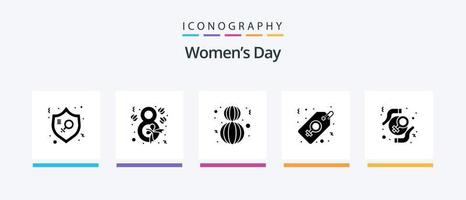 Womens Day Glyph 5 Icon Pack inklusive Feministin. Schild. Schleife. Preis. Frau. kreatives Symboldesign vektor