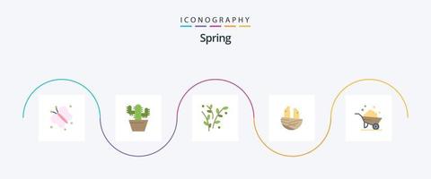 Spring Flat 5 Icon Pack inklusive Konstruktion. Frühling. Blatt. Haus. Tier vektor