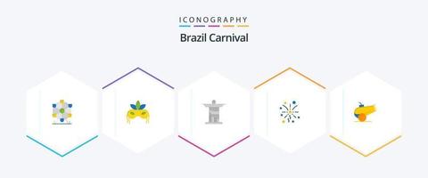 Brasilien karneval 25 platt ikon packa Inklusive monument. Jesus. kostym. firande. brasiliansk vektor