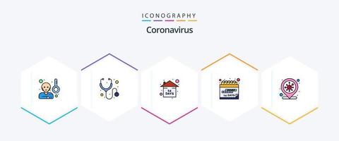 Coronavirus 25 gefülltes Symbolpaket einschließlich Coronavirus. Zeitplan. Risiko. Quarantäne. Datum vektor