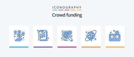 crowdfunding blå 5 ikon packa Inklusive media spelare. pengar. Sök. jord klot. cirkulär. kreativ ikoner design vektor