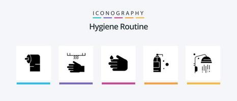 hygien rutin- glyf 5 ikon packa Inklusive dusch. badrum. rengöring. produkt. rengöring. kreativ ikoner design vektor