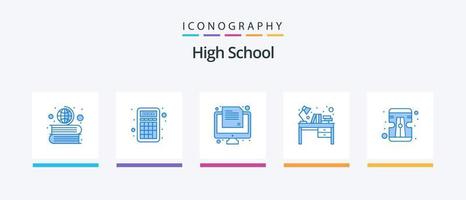 hög skola blå 5 ikon packa Inklusive penna. tabell. examen. interiör. böcker. kreativ ikoner design vektor