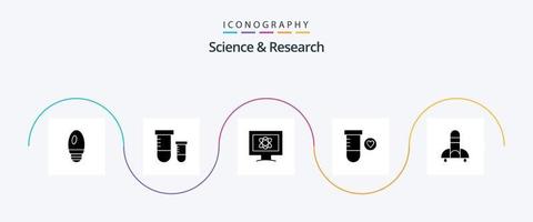 Science Glyph 5 Icon Pack inklusive Leerzeichen. Wissenschaft. Monitor. Rakete. Wissenschaft vektor