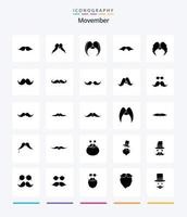 kreatives Movember 25 Glyphen-Vollschwarz-Icon-Pack wie Movember. Schnurrbart. Weihnachtsmann. Hut. Umzug vektor