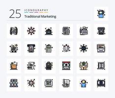 traditionelles Marketing 25 Zeilen gefülltes Icon Pack inklusive Gerät. Kontakt. Prämie. Verbindung. Zeitung vektor