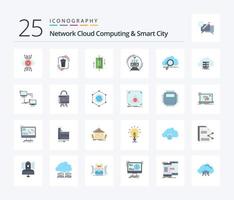 Netzwerk-Cloud-Computing und Smart City 25 flache Farbsymbolpakete einschließlich Zug. Smartphone. Management. Telefon. Synchronisation vektor