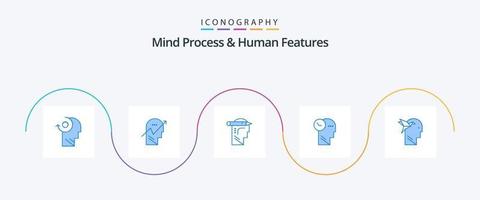Geistprozess und menschliche Merkmale blaues 5-Icon-Paket einschließlich Kopf. Geist. Geist. Zeit. Denken vektor