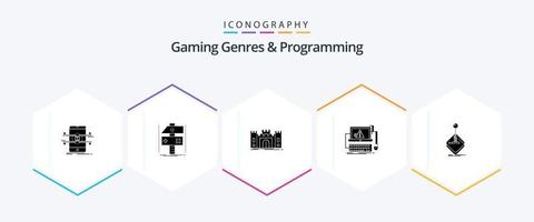 Gaming-Genres und Programmierung 25 Glyphen-Icon-Pack inklusive Fehler. Computer. Entwickler. Wahrzeichen. Fort vektor