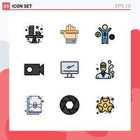 Gruppe von 9 modernen Filledline-Flachfarben für den Monitor-Video-Lernaufzeichnungsprozess editierbare Vektordesign-Elemente vektor