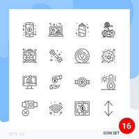 Gliederungssatz für mobile Schnittstellen mit 16 Piktogrammen von U-Bahn-Multiplayer-Forschungs-Internet-Spielen, editierbaren Vektordesign-Elementen vektor