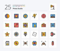 Fotostudio 25 Zeilen gefülltes Icon Pack inklusive Speicher. Filmaufnahme. spielen. Kamerarolle. Licht vektor