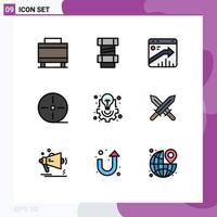 Stock Vector Icon Pack mit 9 Zeilenzeichen und Symbolen für Ideenbirnenwachstumstechnologiefilm editierbare Vektordesignelemente
