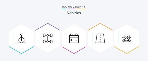 Fahrzeuge 25-Zeilen-Icon-Pack einschließlich . abholen. Auffahrt. Jeep. Straße vektor