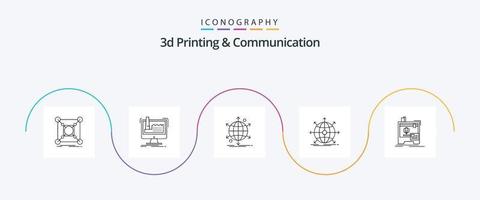 3D-Druck und Kommunikationsleitung 5 Icon Pack, einschließlich international. Geschäft. Produktion. Netz. Netz vektor