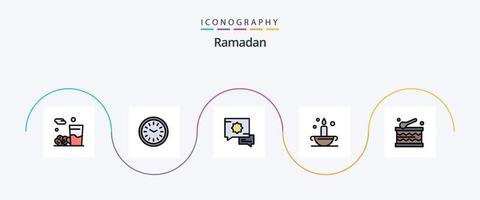 ramadan linje fylld platt 5 ikon packa Inklusive festival. lampa. vägg klocka. islam. aladdin vektor