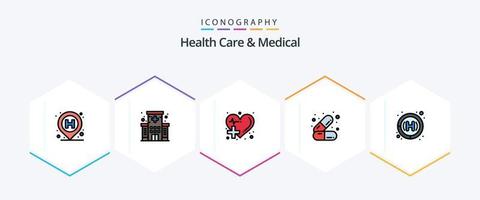 Gesundheitswesen und Medizin 25 gefüllte Symbolpakete einschließlich Klinik. Gesundheit. Pflege. Kosmetika. Herz vektor