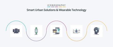 Intelligente urbane Lösungen und tragbare Technologielinie gefülltes flaches 5-Icon-Paket einschließlich Überwachung. Geschäft. Apfel. online. Kleider vektor