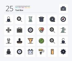 Tools 25 Zeilen gefülltes Icon Pack inklusive Kleidung. Werkzeugkasten. Kompass. Aktentasche. Werkzeug vektor