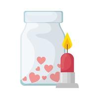 Kerzenlicht und Flasche mit Herzen isolierte Ikone vektor