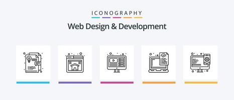 Webdesign- und Entwicklungslinie 5 Icon Pack inklusive Einstellung. Design. Laptop. kreativ. Javascript. kreatives Symboldesign vektor