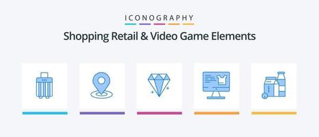 Shopping Einzelhandel und Videospielelemente Blue 5 Icon Pack inklusive Box. Einkaufen. Diamant. überwachen . Computer. kreatives Symboldesign vektor