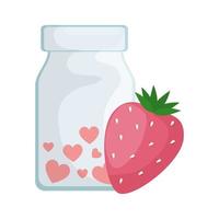 Erdbeere und Flasche mit Herzen isolierte Ikone vektor