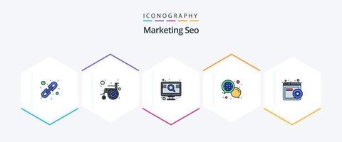 Marketing SEO 25 Filledline Icon Pack inklusive Konfigurieren. global. Behinderung. Kommunikation. Bildschirm vektor