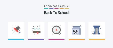 tillbaka till skola platt 5 ikon packa Inklusive utbildning. lunch. tid vårdare. inlärning. dryck. kreativ ikoner design vektor