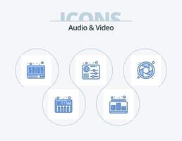 audio och video blå ikon packa 5 ikon design. slutare. kamera. mixer. spela. utjämnare vektor