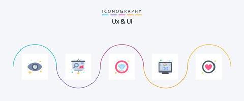 ux och ui platt 5 ikon packa Inklusive hjärta. favorit. premie. programmering. koda vektor