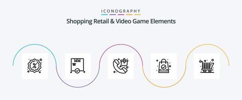 Einkaufen Einzelhandels- und Videospielelemente Linie 5 Icon Pack einschließlich Einkaufen. Wagen. Markt. Einkaufstasche. Handtasche vektor