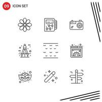 Packung mit 9 modernen Umrisszeichen und Symbolen für Web-Printmedien wie Werkzeugkompass-Planungskreis Foto-bearbeitbare Vektordesign-Elemente vektor