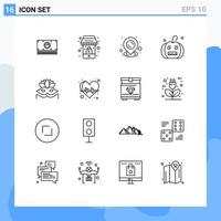 Mobile Interface Outline Set von 16 Piktogrammen Augenmaske Karnevalsmaske Karte Kürbis Halloween editierbare Vektordesign-Elemente vektor